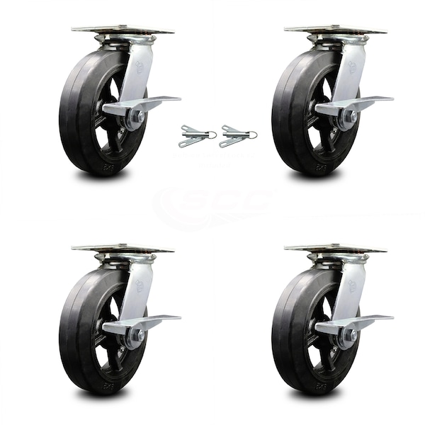 Service Caster 8 Inch Rubber on Steel Caster Set with Roller Bearing 4 Brake and 2 Swivel Lock SCC-35S820-RSR-SLB-BSL-2-SLB-2 - main